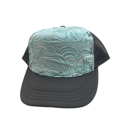 Cap with teal patterned front panel and black mesh back on a white background